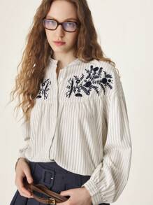 Muvela Casual Striped Floral Embroidery Long Sleeve Shirt For Spring/Autumn