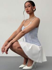 Aloruh Minivestido de mujer con camisola de parches y rayas de contraste