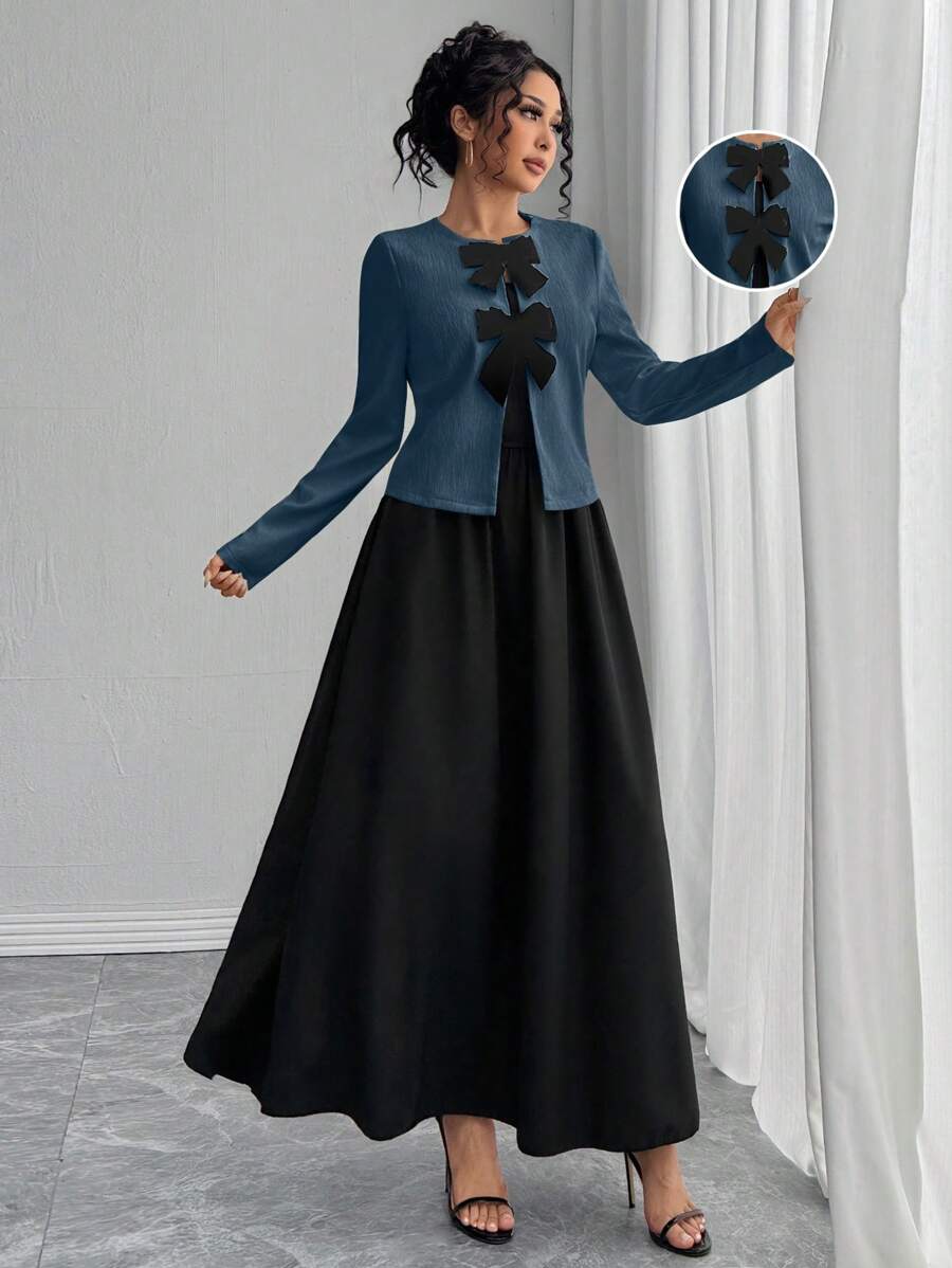 Chiquease 2 件套优雅法式长袖蝴蝶结装饰上衣和高腰褶皱连衣裙套装，女装秋冬装 - 藍色 - 查看 1