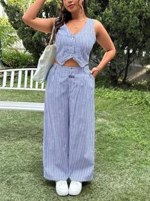 SHEIN EZwear 2pcs/Set Spring/Summer Casual Beige Striped Sleeveless Top And Straight Leg Pants