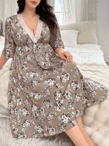 Plus Size Lace Cross V-Neck Floral Nightgown, For Fall, Cozy Outfit - Multicolor - View 6