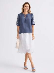 Miaspire Women's V-Neck Vacation Style Fringed Rope Mid-Long Sleeve Blue Fabric Positioning Print Shirt - Blue - View 7