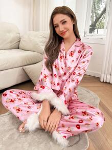 Dream Adore 2 piezas Pijama de mujer con estampado de oso de peluche y corazón lindo