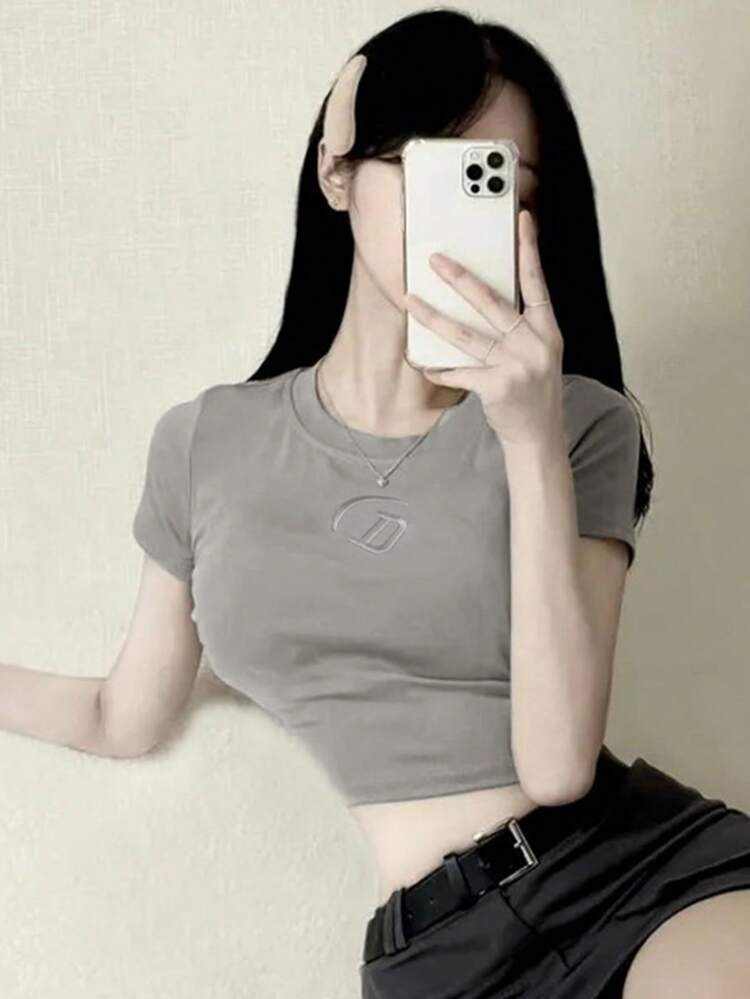 Women's Solid Color Embroidery Crop Top T-Shirt Summer