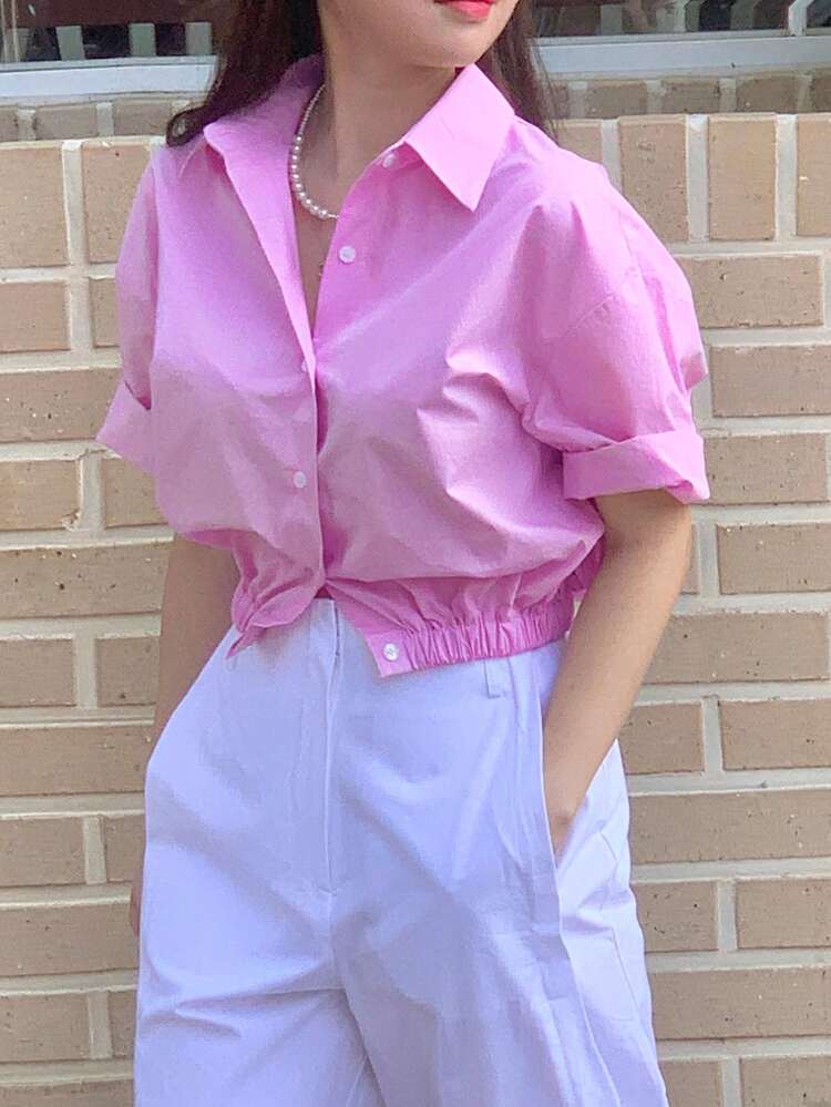 Women'S Solid Color Cropped Waist-Cinched Shirt Preppy Tops
