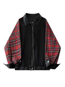 SHEIN MOOSTA 大码女式黑色皮革拼接红色格子面料摩托车街头夹克 - 黑色 - 查看 5
