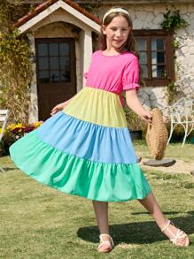 Tween Girls Vacation Style Round Neck Puff Sleeve Colorblock Bowknot Panel Rainbow A-Line Dress - Multicolor - View 2