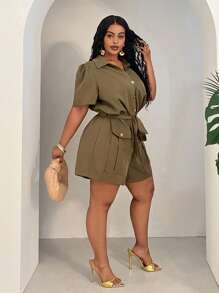 Slaydiva 2025 New Women Rave/Easter Outfit, Old Money Style, Country Concert Outfit, Going Out Outfit, Fairycore, Festival Outfit, Tropical Vacation Outfit, Summer Outfit, Rave, European Summer, Spring Outfit, Western Wear Plus, Concert, Graduation Outfit, Versatile All-Match Casual Utility Pocket Decorated Romper, Sleeveless Top, Shorts For Women, High Waisted Shorts - Army Green - View 7