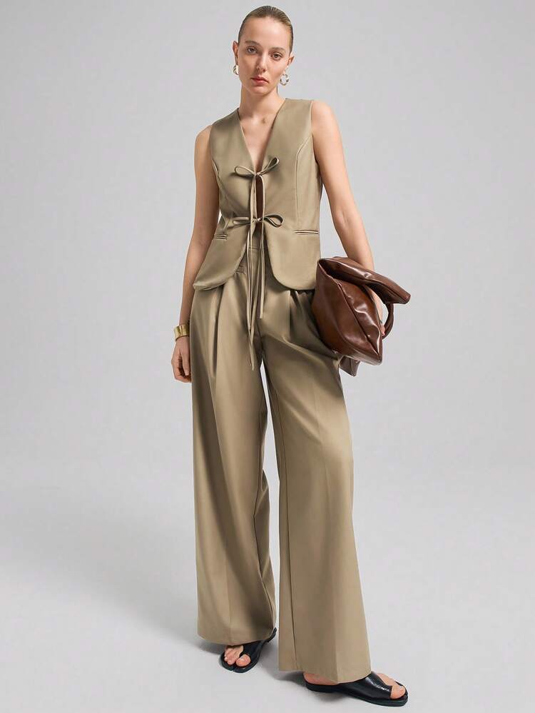 Khaki Commuter Casual Money Pocket Double-Breasted High Waist Straight Leg Pants For Women, Fashionable And Comfortable