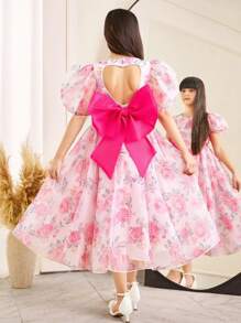 Tween Girl 蝴蝶结后背欧根纱花卉印花泡泡袖连衣裙 - 粉色 - 查看 2