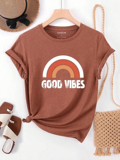 INAWLY Women Letter Print Round Neck Casual Short Sleeve T-Shirt