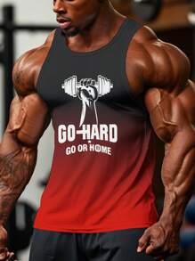 Manfinity Sport PWRUP Men's Ombre Dumbbell & Letter Graphic Tank Top, Activewear Workout Tops Gym Top Breathable - Red - View 3