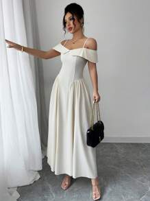 Modelyn Abito lungo elegante da donna con spalle scoperte, in stile A-line, con vita segnata