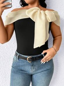 SHEIN Clasi Plus Size Women Black Contrast Color Slim Fit Elegant Tie Bow Off Shoulder Sexy Top, Summer, Rave, Festival, Spring Break, Boho - Black - View 5