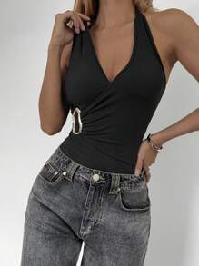 Roylia Women's Metal Button Knitted Halter Bodysuit - Black - View 5