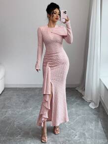 Elenzga 1 件女式纹理设计长袖针织连衣裙