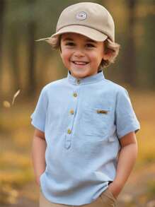SHEIN Young Boy Mock Neck Half Button Patched Pocket Shirt