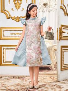 SHEIN Tween Girl Loose Elegant Jacquard Patchwork Ruffle Sleeve Round Neck A-Line Dress - Green - View 8