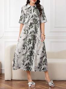 Lacomfia Women Loose Ink Painting Pattern Short Sleeve Dress - Army Green - View 5