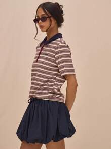 MUSERA Relaxed Fit Collared Striped Embroidered "Musera" Short Sleeve Polo Shirt Spring Street Style Book Shop Oversized Graphic Tees Airport Holiday Summer Fall Back To School Autumn Winter