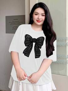 Dazy Plus Plus Size Loose Fit Round Neck 3D Butterfly Print Short Sleeve T-Shirt Summer Cute Top Oversized T-Shirt, Graphic Tee, Teacher - White - View 4