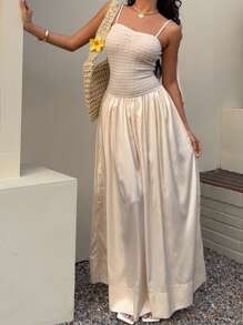 SHEIN Unity Women's Spring & Summer Casual Holiday Everyday Bubble Textured Color Blocking Tie Up Bow Dress - Apricot - View 1