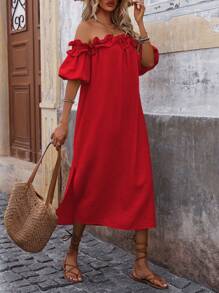 Breezaya Women's Fashionable Off Shoulder Ruffle Trim Slit Dress Maxi Vacation Beach Outfit - Red - View 6