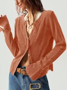 Bohemela 度假休闲纯色 V 领长袖修身常规女式 T 恤