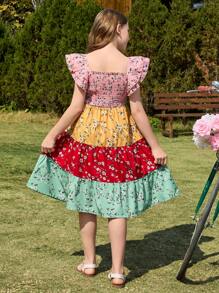 SHEIN Tween Girl Casual Ditsy Floral Peplum Ruffle Sleeve Dress - Multicolor - View 2
