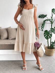 SHEIN Maternity Solid Color Sweetheart Neck Ruffle Hem Cap Sleeve Casual Dress - Khaki - View 5