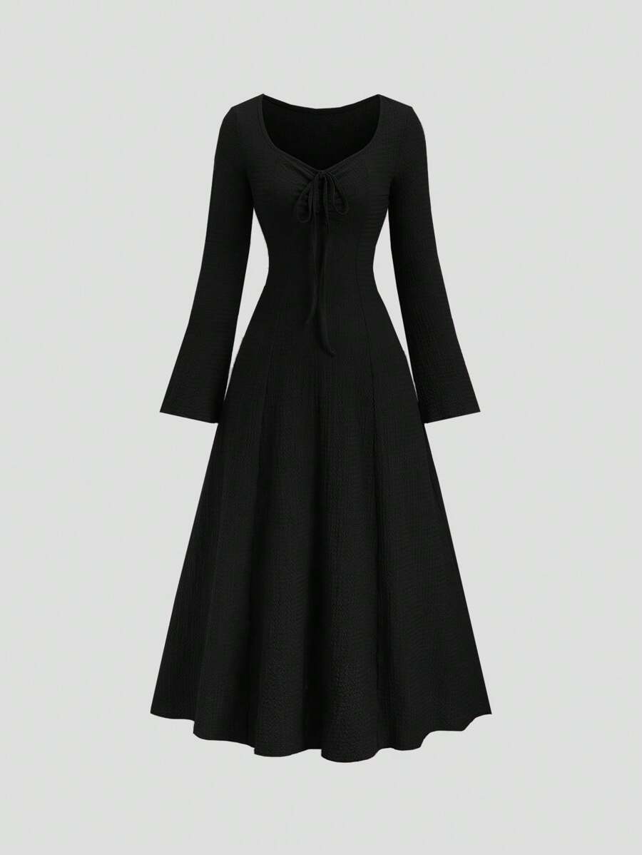 Sweetra 优雅纯色合身喇叭袖蝴蝶结腰喇叭下摆长裙 - 黑色 - 查看 1