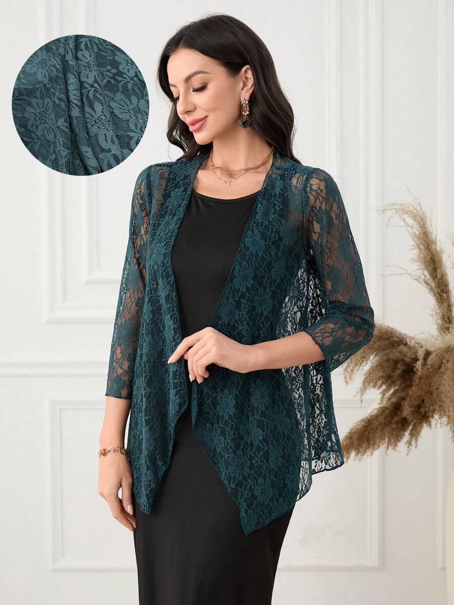 Mulvari Conjunto de 2 piezas para mujer con abrigo largo de encaje y vestido, ajuste casual slim