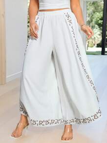 KURAYIA Pantalones casuales con abertura alta, estampado floral y estilo ligero para vacaciones, elegantes y minimalistas para uso diario - Blanco - Ver 1