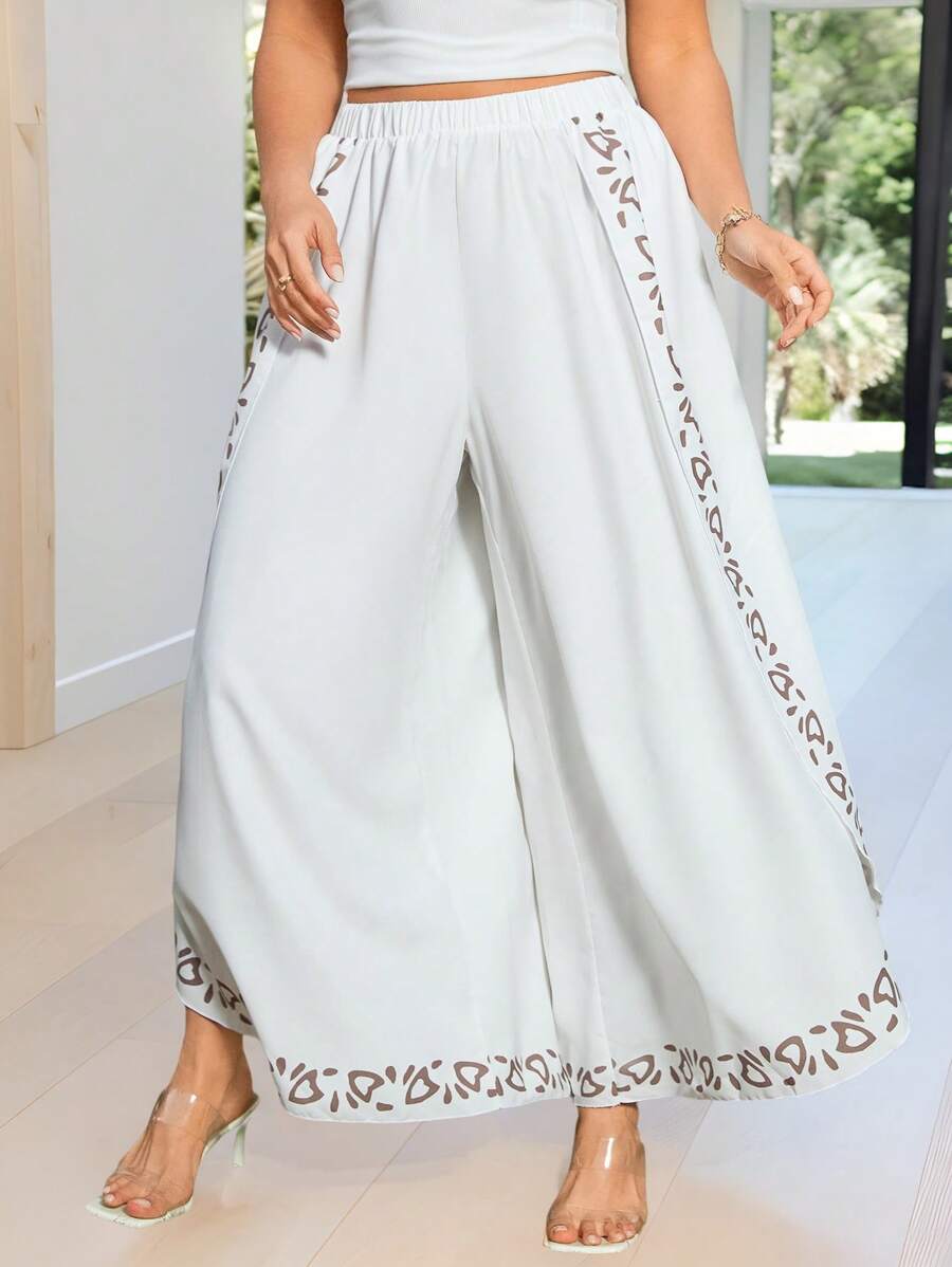 KURAYIA Pantalones casuales con abertura alta, estampado floral y estilo ligero para vacaciones, elegantes y minimalistas para uso diario - Blanco - Ver 1