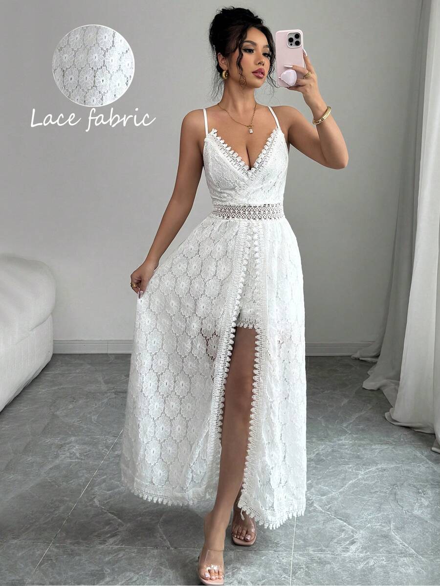 Chiquease 女士花朵蕾丝开衩下摆吊带连体裤