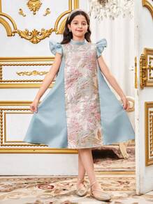 SHEIN Tween Girl Loose Elegant Jacquard Patchwork Ruffle Sleeve Round Neck A-Line Dress - Green - View 6