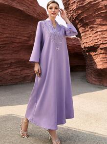 Layrah Women's Rhinestone Decor V-Neck Long Sleeve Arabic Traditional Dress, Modest Kaftan - Mauve Purple - View 3