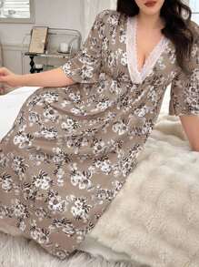 Plus Size Lace Cross V-Neck Floral Nightgown, For Fall, Cozy Outfit - Multicolor - View 3