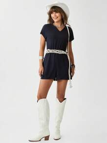 SHEIN LUNE 女性時尚純色簡約腰帶連身褲 - 藏蓝色 - 查看 3