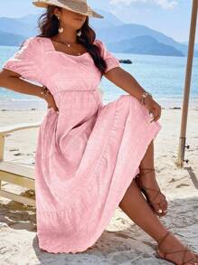 SHEIN Clasi Plus Square Neck Puff Sleeve Ruffle Hem Dress Maxi Women Outfit - Pink - View 6