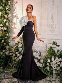 Glamrae 优雅华丽的黑白弹力针织手工立体大花装饰不对称领袖鱼尾裙，适合约会之夜正式场合晚礼服、派对礼服、婚礼宾客礼服、长袍、晚礼服 - 黑與白 - 查看 7