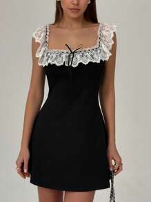 Aloruh Women's Elegant Contrast Lace Trim Sleeveless Mini Dress,Business Casual Woman