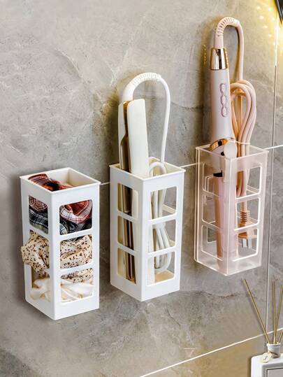 SHEIN 1 pieza Caja de almacenamiento con borde enrollado para el hogar, sin necesidad de perforar; Organizador de herramientas de barbero, organizador de rizadores, soporte para herramientas de peinado con soporte montado en la pared para secador de pelo, utilizado para almacenamiento en el baño.