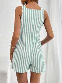 SHEIN Essnce 休闲条纹圆领纽扣口袋连体衣，适合日常穿着 - 薄荷綠 - 查看 2