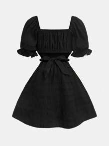 SHEIN Tween Girls' Woven Textured Black Square Neck Puff Sleeve Cutout Back Bow Decor Casual Vacation Dress, Suitable For Spring Outing, Countryside, Garden Afternoon Tea, Casual Outings, Back To School, Mommy And Me Matching Outfits - Black - View 6