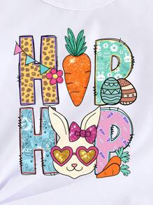 Baby Girl Easter Casual Fashion Creative Cartoon Holiday Sparkly Rabbit Shape Color Decorative Letter Slogan Graphic Print Tee, Sibling Matching - White - View 7