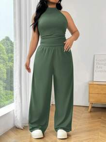 Solflare 2pcs Plus Size Women Olive Green Fitted Tank Top And Pants Set - Army Green - View 4