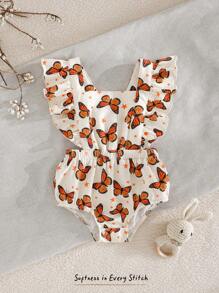 Cozy Pixies Baby Girl Butterfly Pattern Square Neck Cap Sleeve Bodysuit, Casual & Versatile - Multicolor - View 1