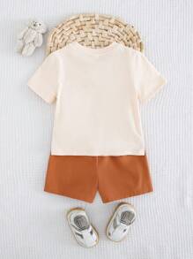 Cozy Pixies 2pcs/Set Baby Boy Cartoon Bear Print Soft Knit Pullover Crew Neck Short Sleeve Top And Elastic Waist Ankle-Length Pants - Khaki - View 2