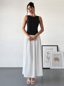 SHEIN Privé Women's White Sleeveless Front Button Decorated Backless Dress, Suitable For Valentine's Day, Concerts, Performances, Dates, Banquets, Weddings, Sexy, Elegant, Commute, Back To School, Vacation, Beach, Romantic